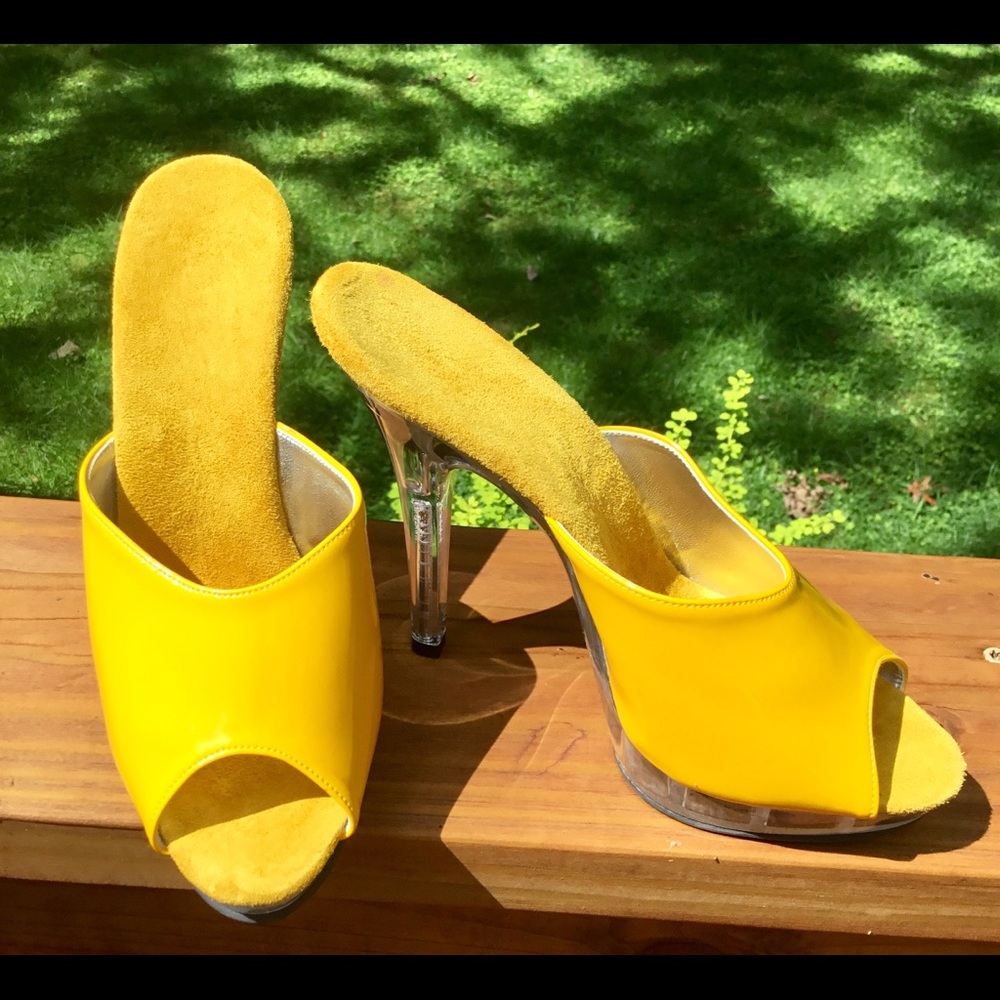 Yellow patent platform stiletto heels
